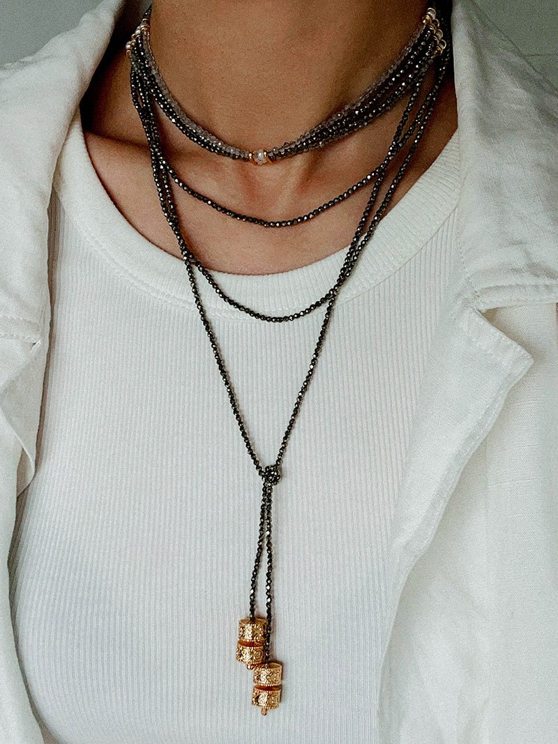 Extra - Long Mini Gemstone Bead Necklace with Lucky Charm Beads –Gold Ore - floysun