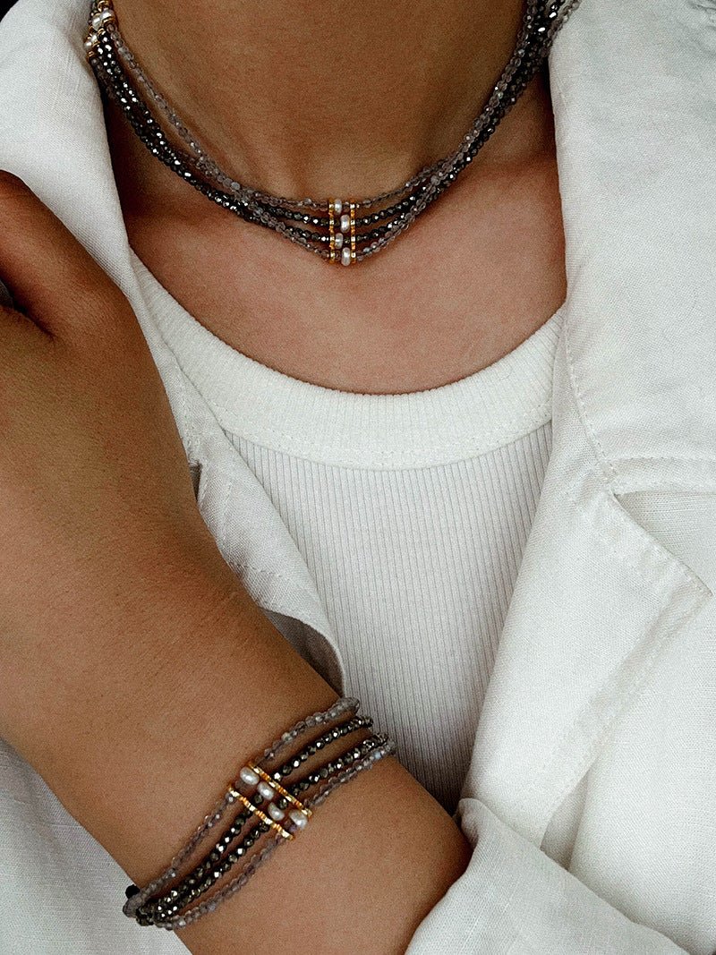 Faceted Gold Ore & Sparkling Stone Multi - Layer Necklace Choker with Pearls - floysun