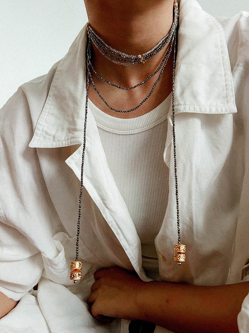 Faceted Gold Ore & Sparkling Stone Multi - Layer Necklace Choker with Pearls - floysun