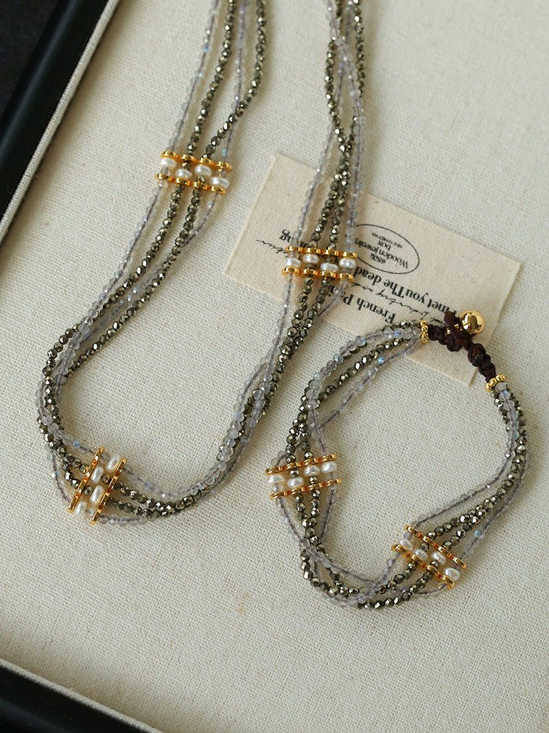 Faceted Gold Ore & Sparkling Stone Multi - Layer Necklace Choker with Pearls - floysun