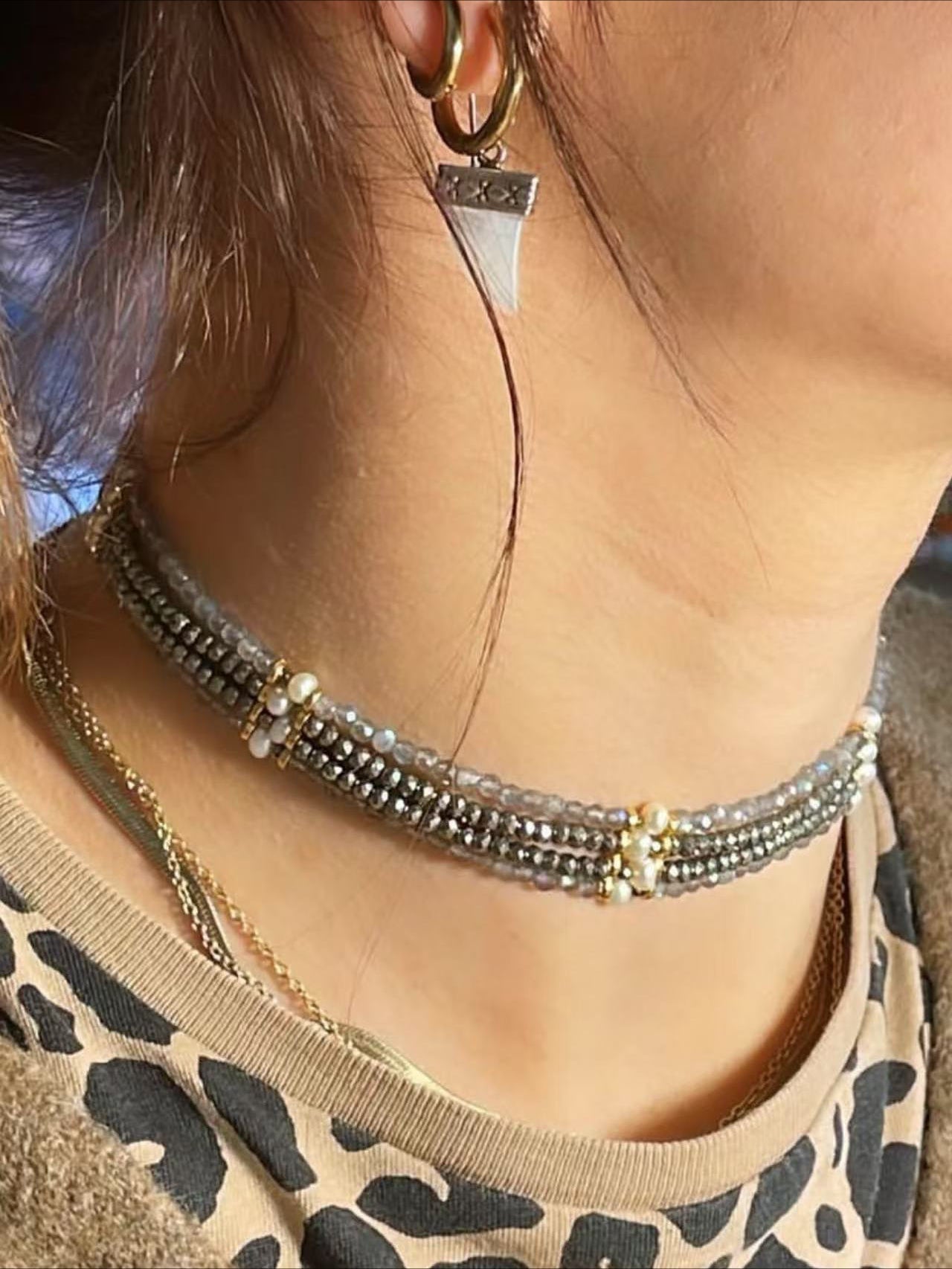 Faceted Gold Ore & Sparkling Stone Multi - Layer Necklace Choker with Pearls - floysun