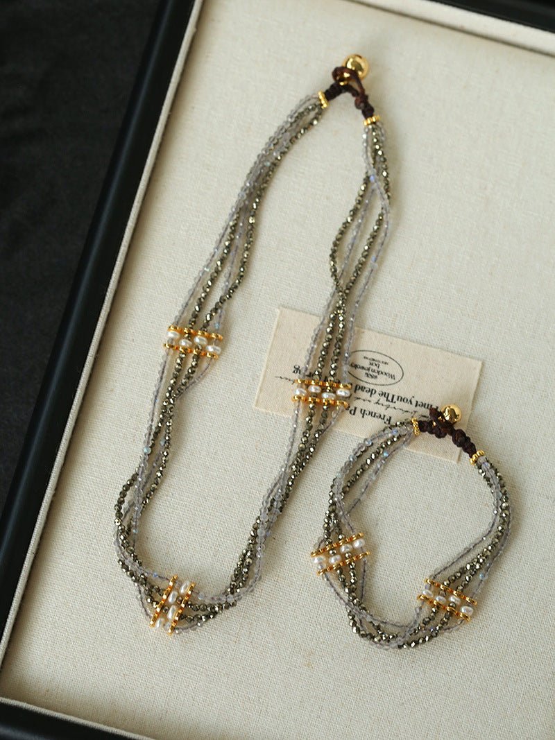 Faceted Gold Ore & Sparkling Stone Multi - Layer Necklace Choker with Pearls - floysun