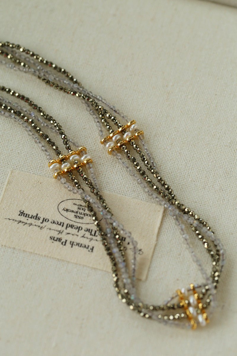 Faceted Gold Ore & Sparkling Stone Multi - Layer Necklace Choker with Pearls - floysun