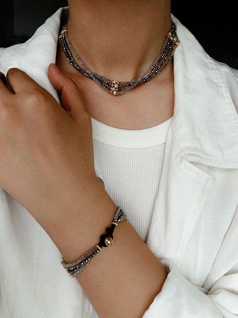 Faceted Gold Ore & Sparkling Stone Multi - Layer Necklace Choker with Pearls - floysun