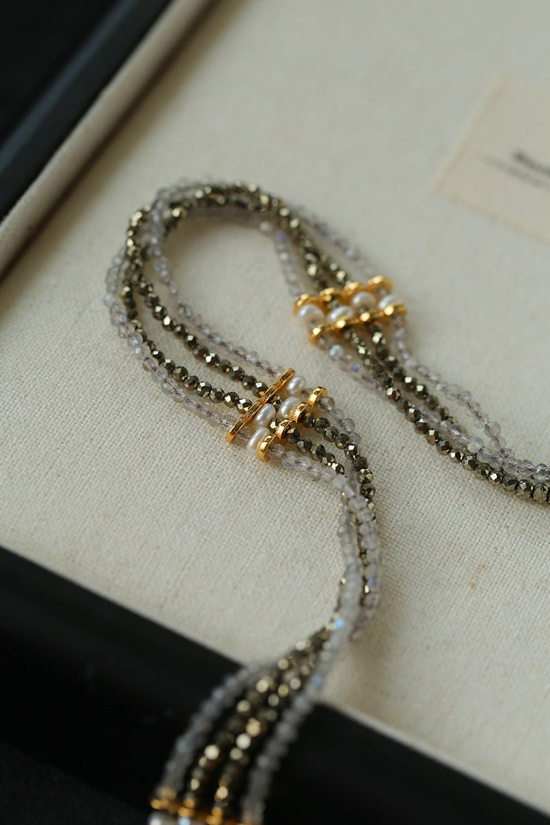 Faceted Gold Ore & Sparkling Stone Multi - Layer Necklace Choker with Pearls - floysun
