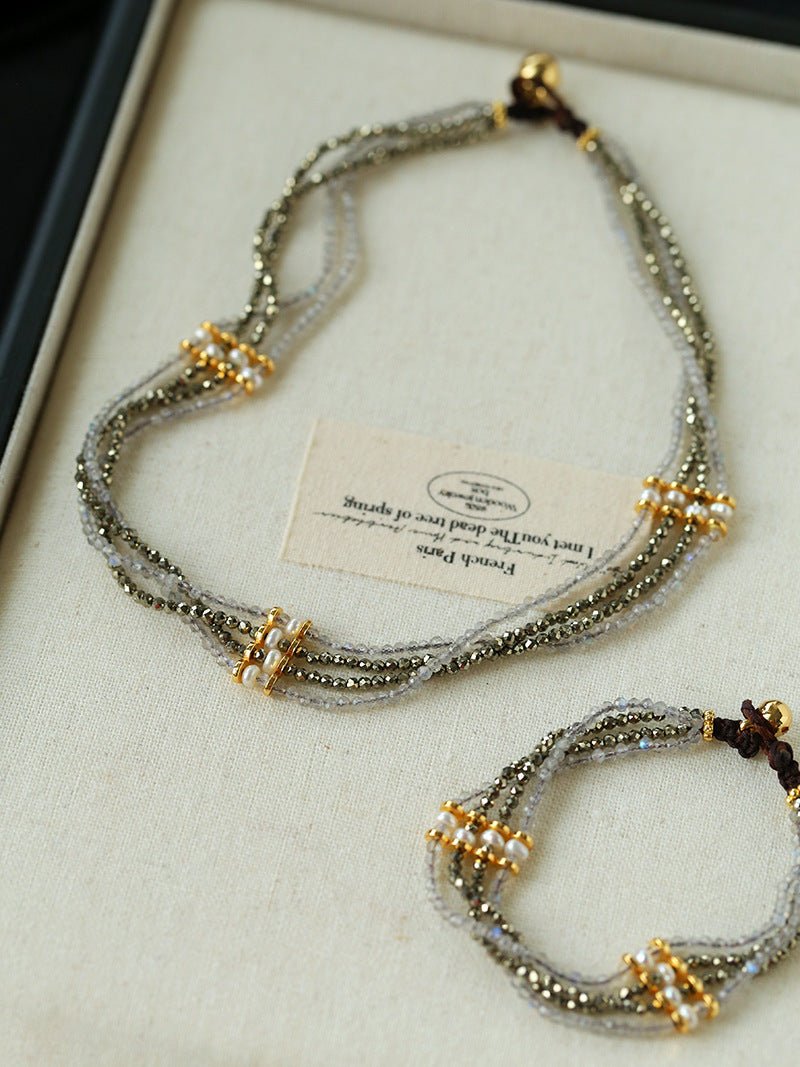 Faceted Gold Ore & Sparkling Stone Multi - Layer Necklace Choker with Pearls - floysun