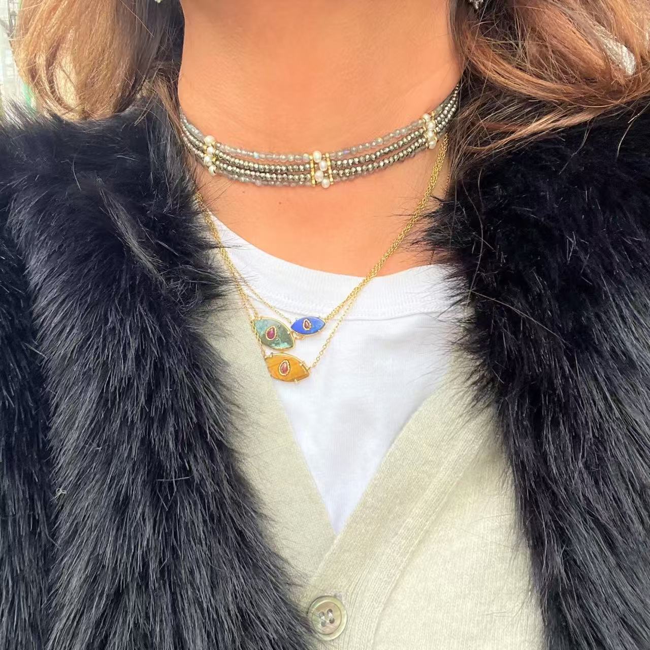 Faceted Gold Ore & Sparkling Stone Multi - Layer Necklace Choker with Pearls - floysun
