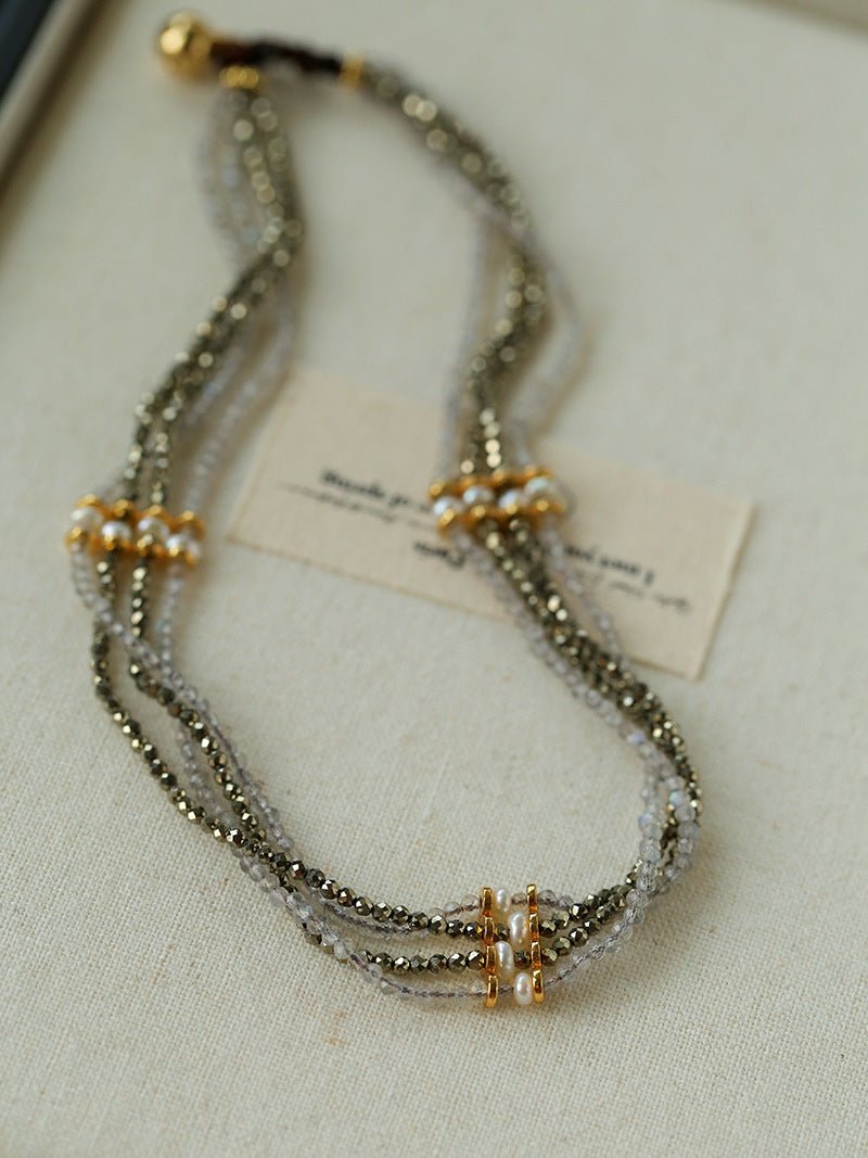 Faceted Gold Ore & Sparkling Stone Multi - Layer Necklace Choker with Pearls - floysun