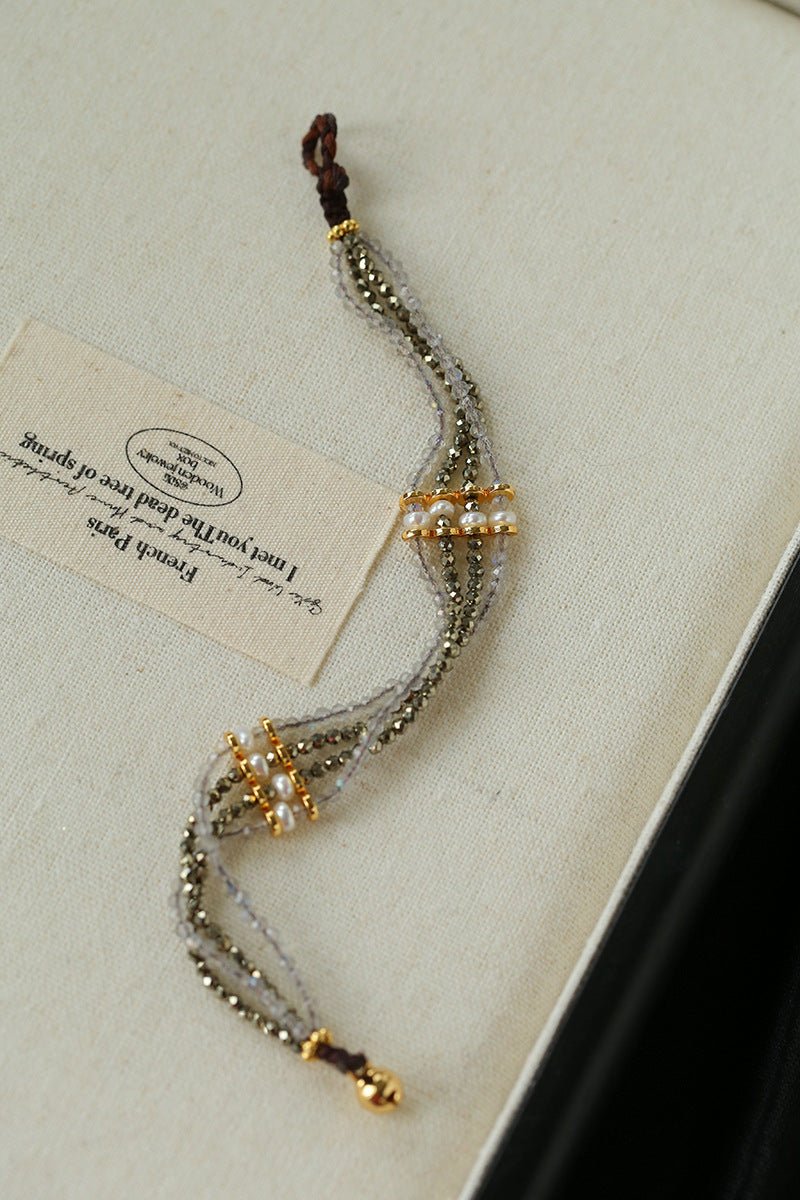 Faceted Golden Ore & Sparkling Stone Multi - Layer Bracelet with Pearls - floysun