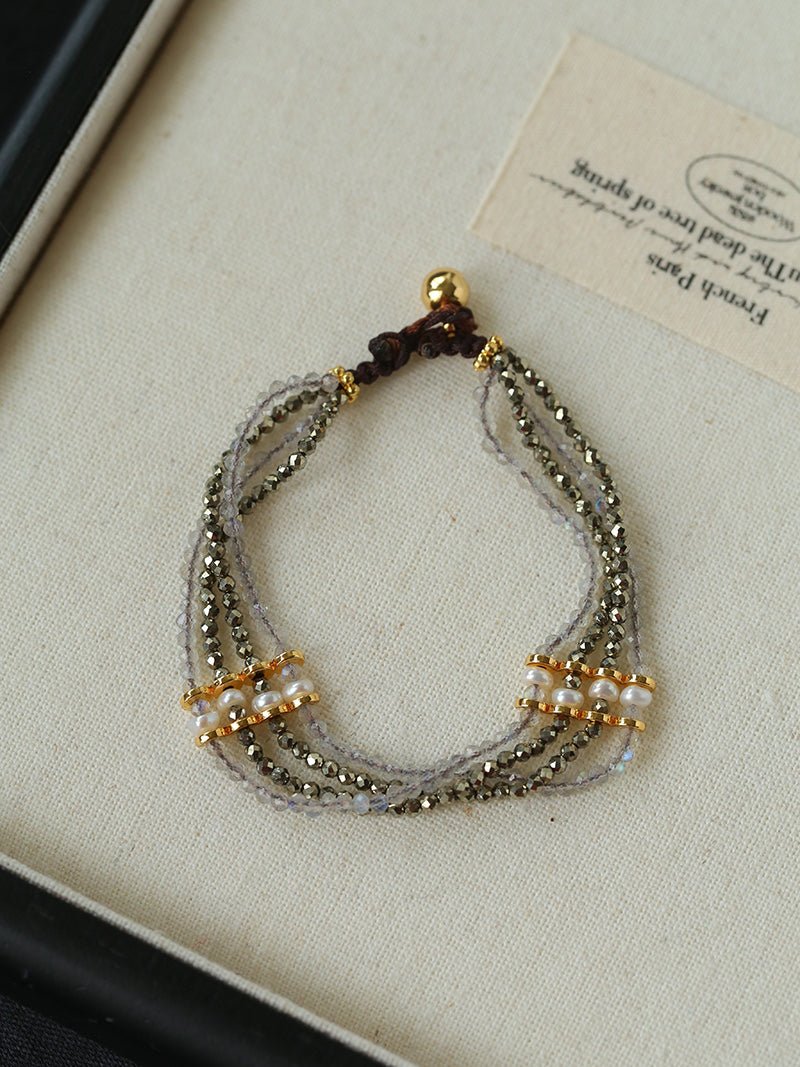 Faceted Golden Ore & Sparkling Stone Multi - Layer Bracelet with Pearls - floysun