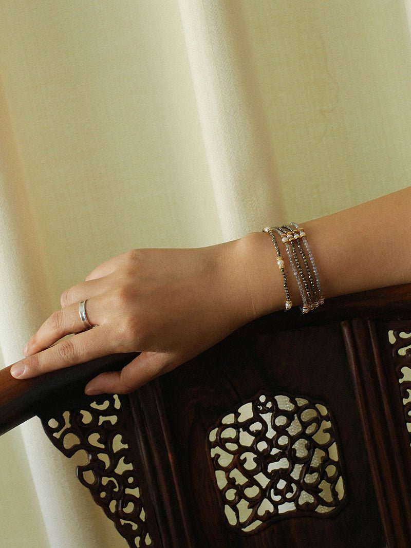 Faceted Golden Ore & Sparkling Stone Multi - Layer Bracelet with Pearls - floysun