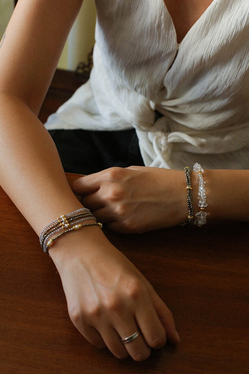 Faceted Golden Ore & Sparkling Stone Multi - Layer Bracelet with Pearls - floysun
