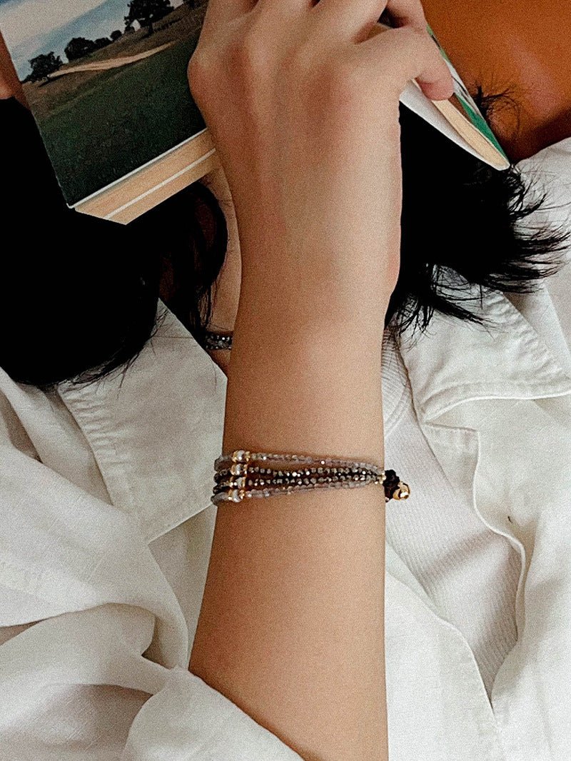 Faceted Golden Ore & Sparkling Stone Multi - Layer Bracelet with Pearls - floysun