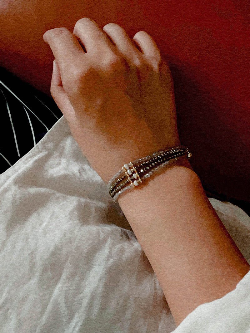 Faceted Golden Ore & Sparkling Stone Multi - Layer Bracelet with Pearls - floysun