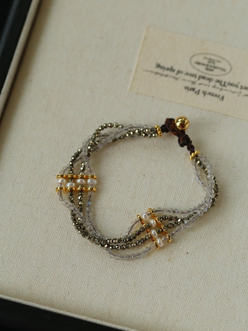 Faceted Golden Ore & Sparkling Stone Multi - Layer Bracelet with Pearls - floysun