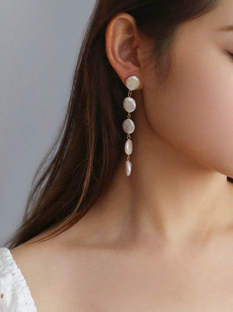 Flat Round Freshwater Baroque Long Drop Earrings-Small - floysun