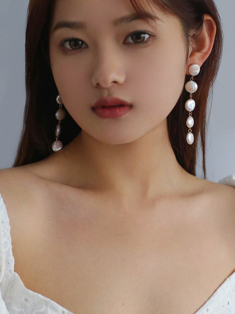 Flat Round Freshwater Baroque Long Drop Earrings-Small - floysun