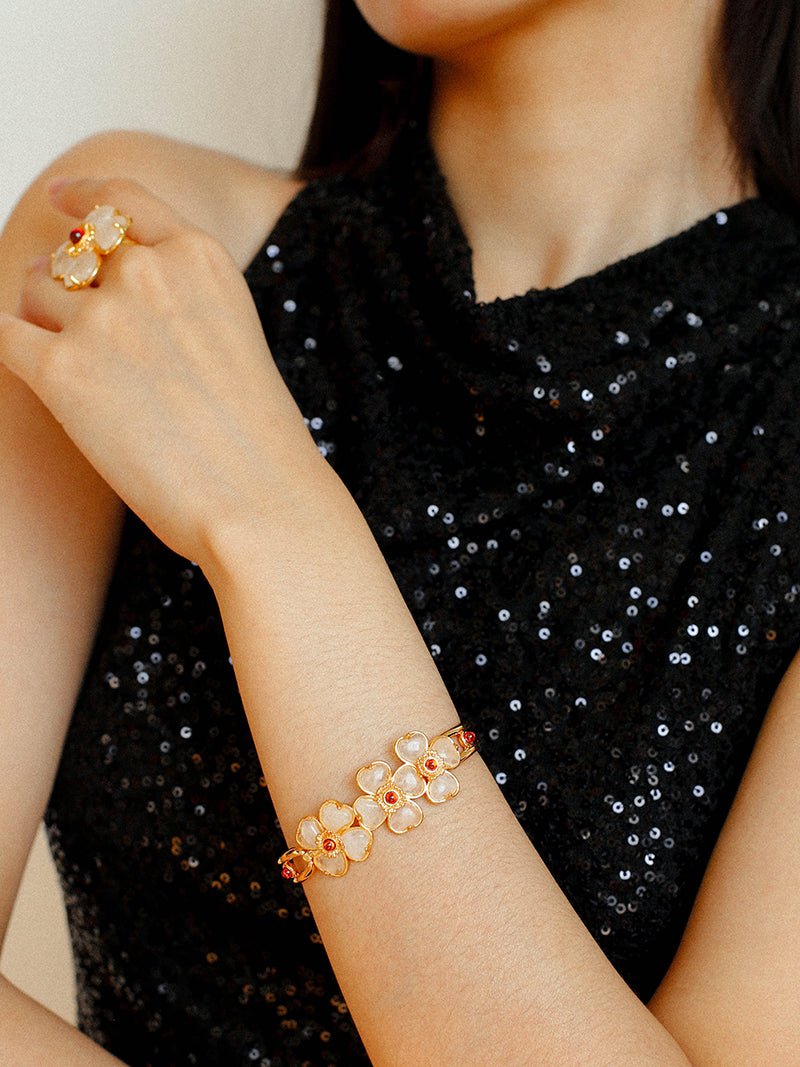 Four - leaf Clover Bangle Bracelets With Black Agate White Crystal Rose Quartz - floysun