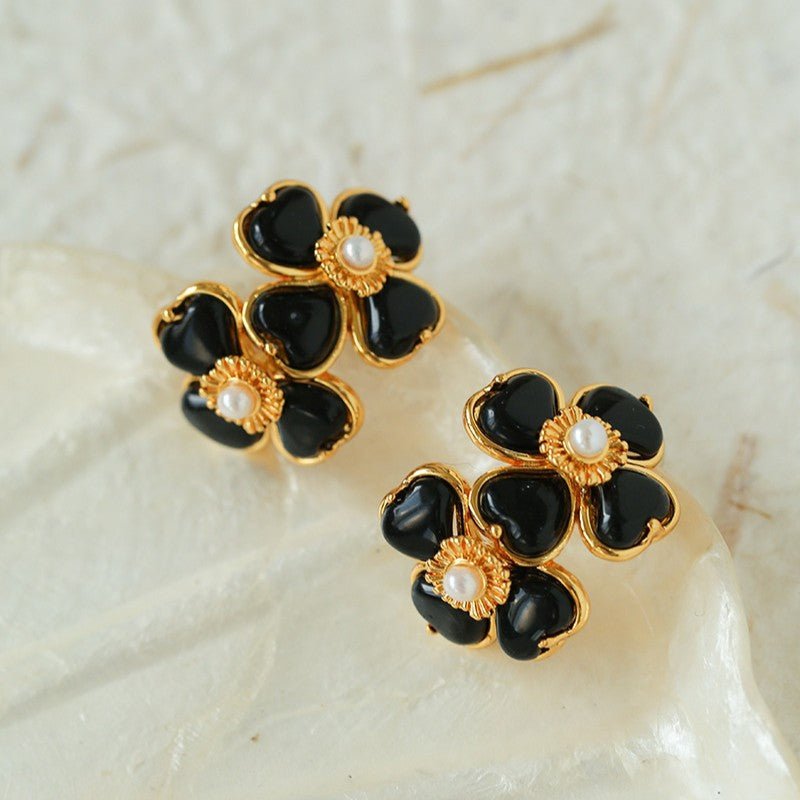 Four - leaf Clover Black Agate Double Flower Earrings - floysun