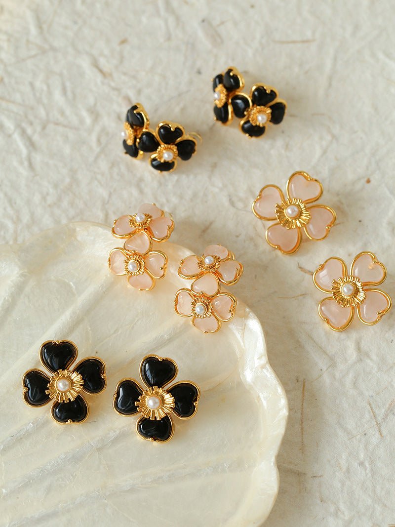 Four - leaf Clover Black Agate Double Flower Earrings - floysun