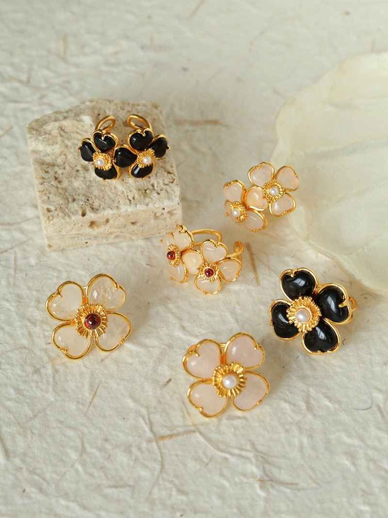 Four - leaf Clover Black Agate Double Flower Rings - floysun