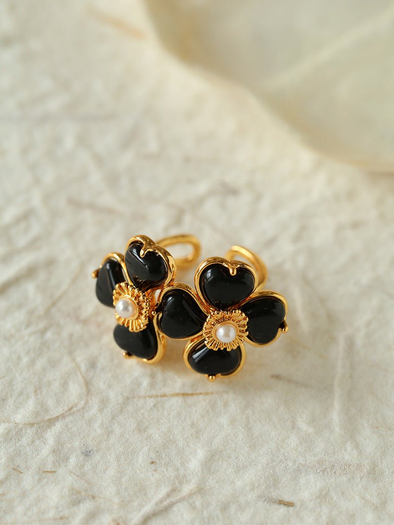 Four - leaf Clover Black Agate Double Flower Rings - floysun