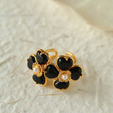 Four - leaf Clover Black Agate Double Flower Rings - floysun