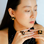 Four - leaf Clover Black Agate Double Flower Rings - floysun