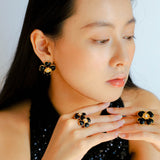 Four - leaf Clover Black Agate Double Flower Rings - floysun