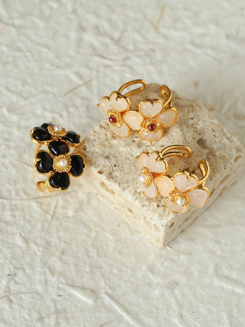 Four - leaf Clover Black Agate Double Flower Rings - floysun