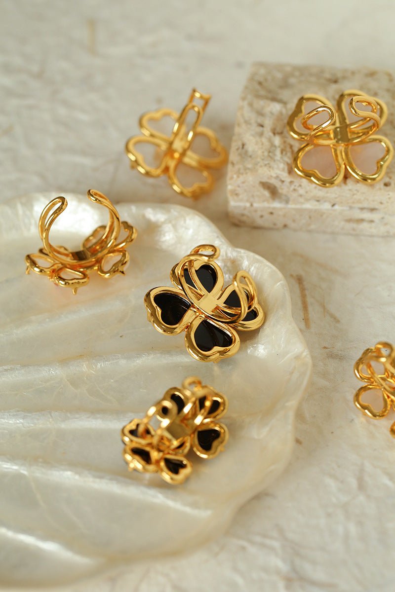 Four - leaf Clover Rose Quartz Double Flower Rings - floysun