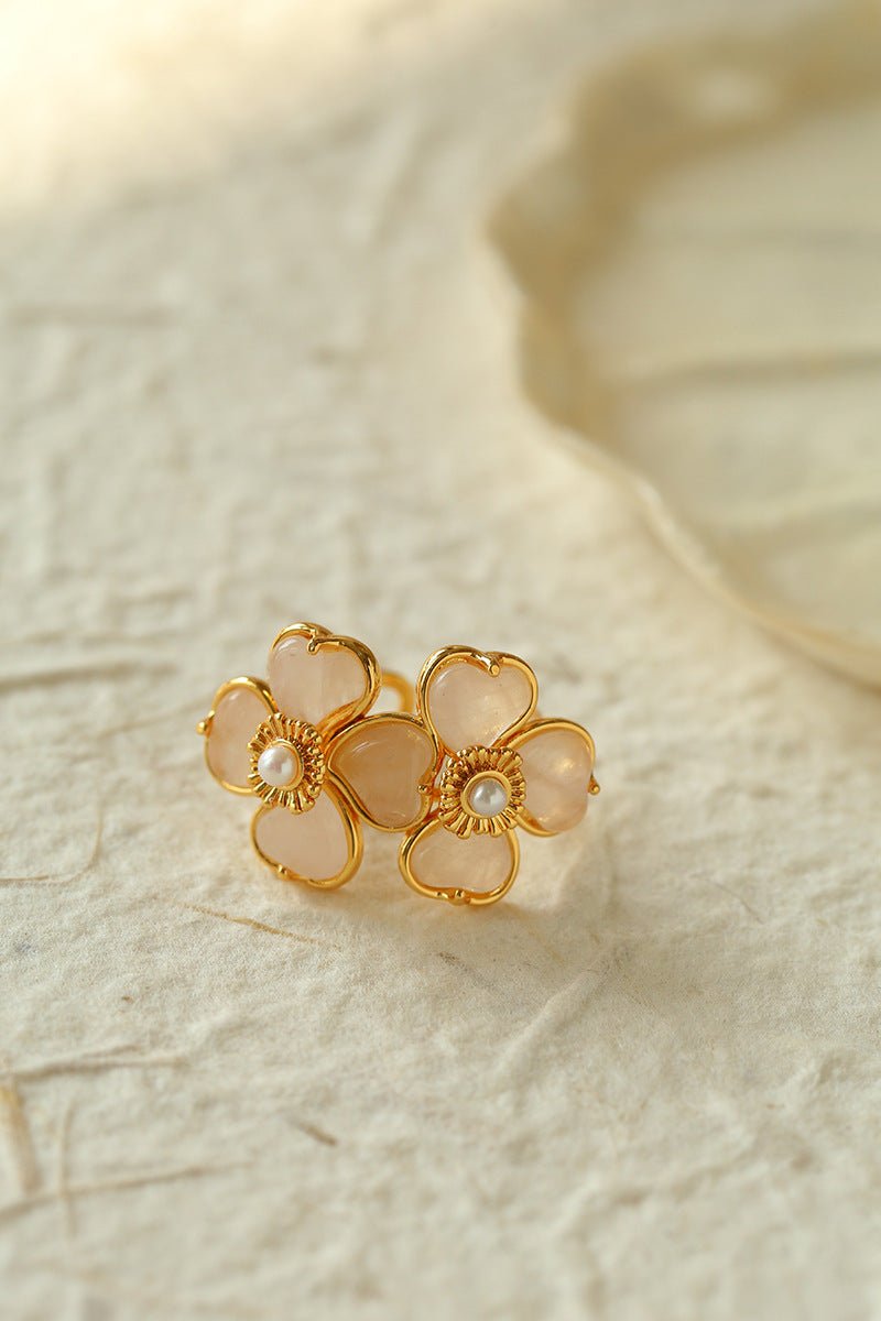 Four - leaf Clover Rose Quartz Double Flower Rings - floysun