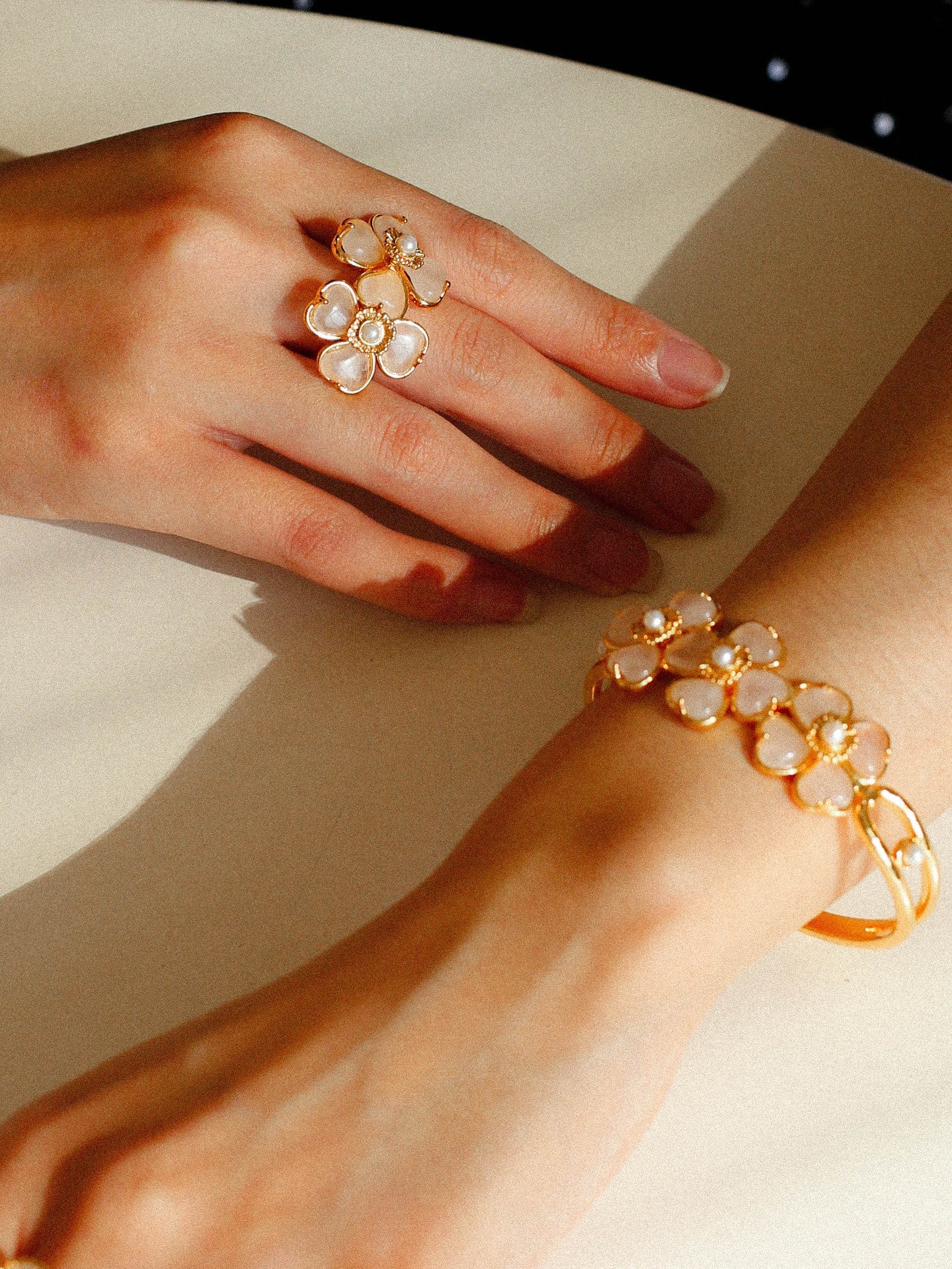 Four - leaf Clover Rose Quartz Double Flower Rings - floysun