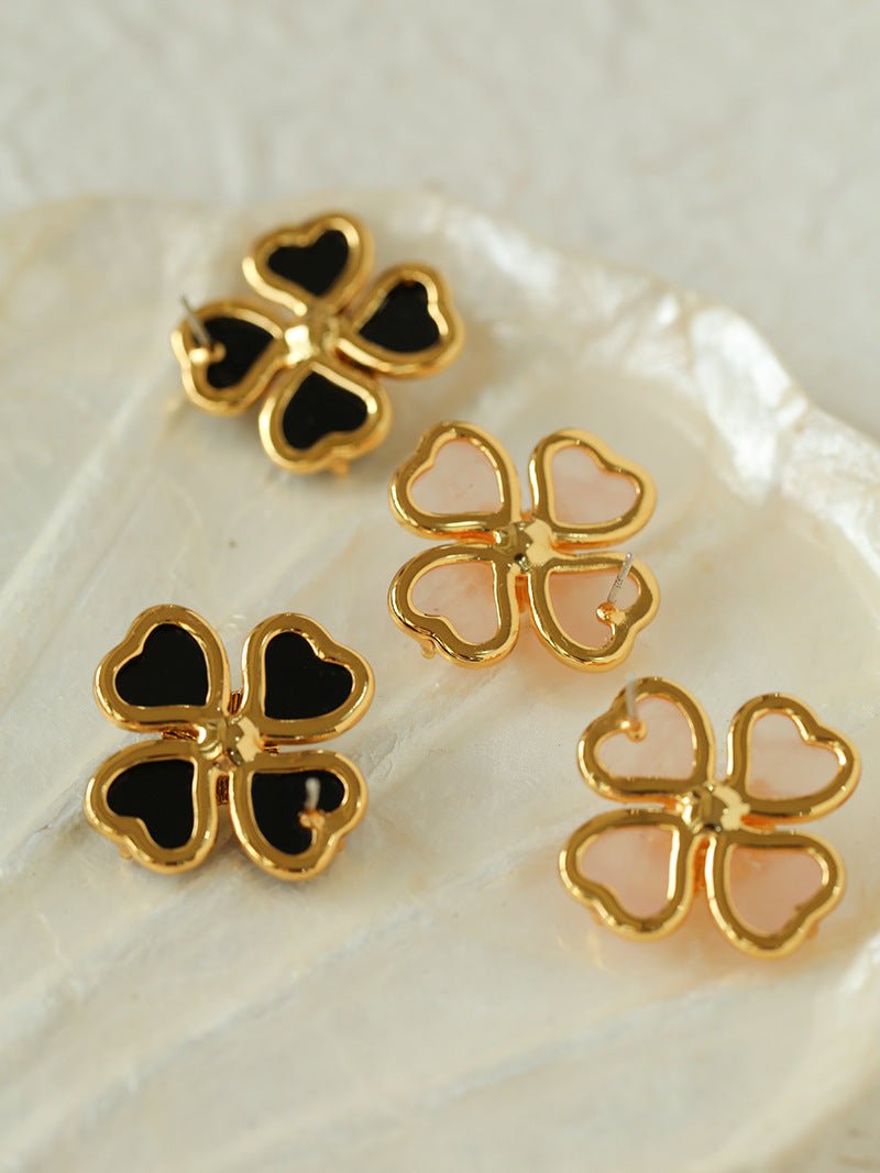 Four - leaf Clover Rose Quartz Single Flower Stud Earrings - floysun