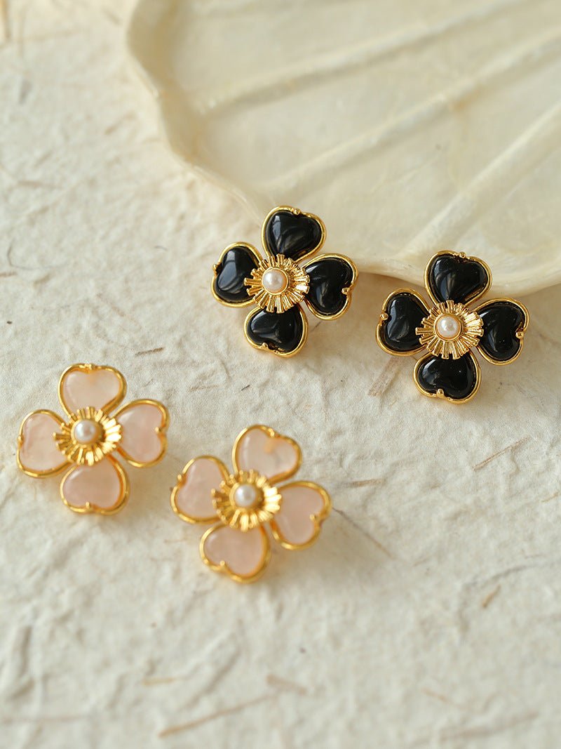 Four - leaf Clover Rose Quartz Single Flower Stud Earrings - floysun