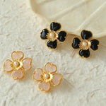 Four - leaf Clover Rose Quartz Single Flower Stud Earrings - floysun