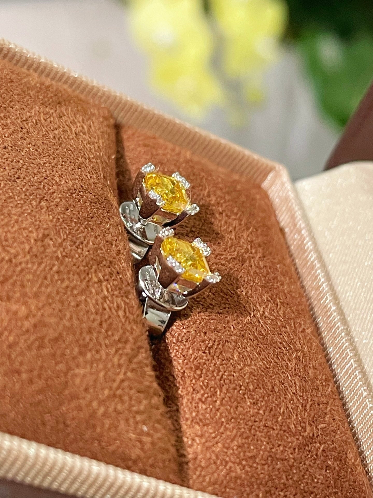 Four - Prong Pavé Yellow Diamond Stud Earrings - floysun