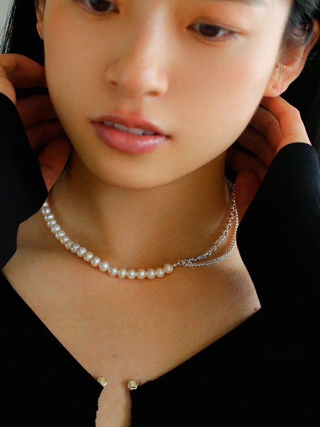 Freshwater Pearl Panel Chain Silver Necklace - floysun