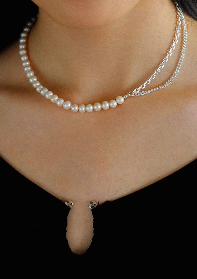 Freshwater Pearl Panel Chain Silver Necklace - floysun