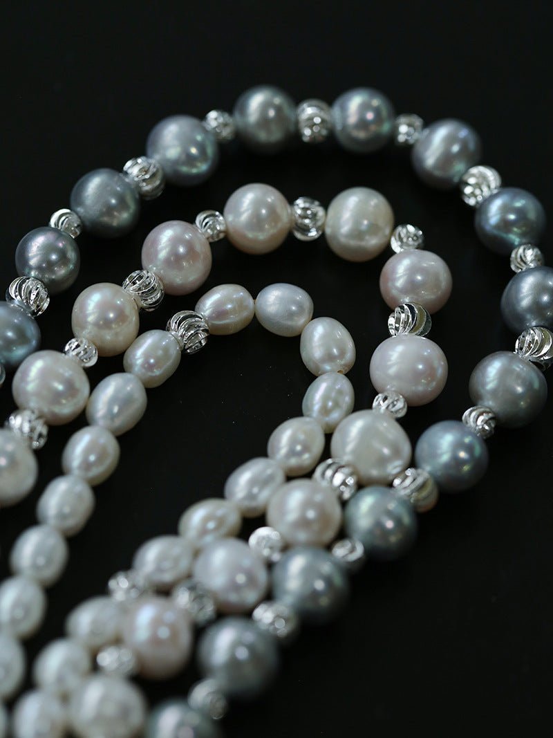 Freshwater Pearl Silver Bean Necklace - White Grey Pearl - floysun
