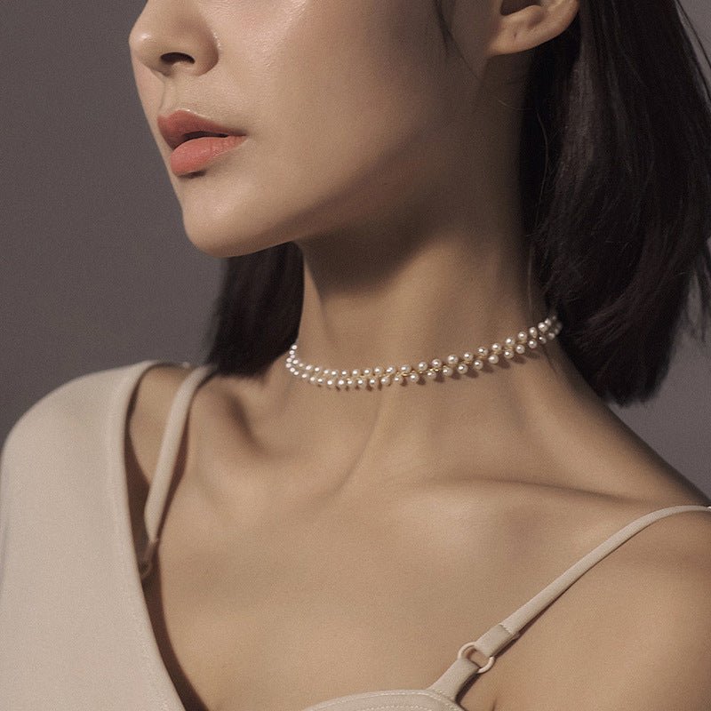 Freshwater Pearl Woven Choker Necklace Chain Pull - out Adjustable - floysun