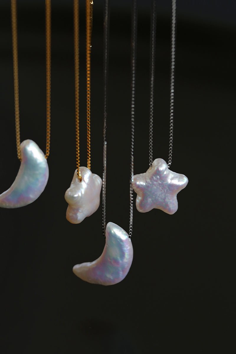 Galactic Romance 925 Silver Natural Pearl Star Moon Necklace - floysun