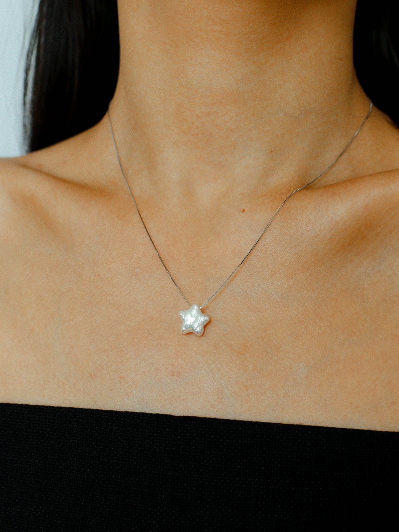 Galactic Romance 925 Silver Natural Pearl Star Moon Necklace - floysun