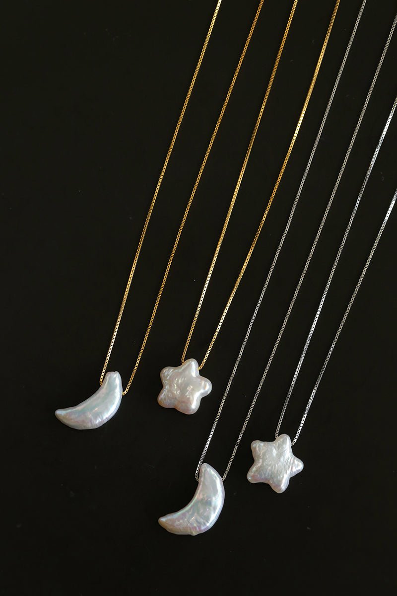 Galactic Romance 925 Silver Natural Pearl Star Moon Necklace - floysun