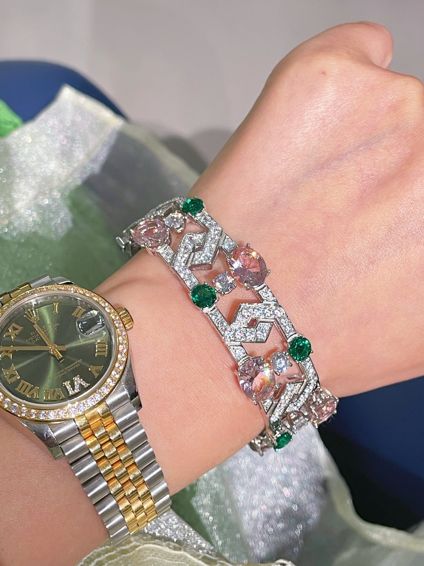 Garden Bloom Wide Cuff – Pink Diamond & Emerald Vermeil Edition - floysun