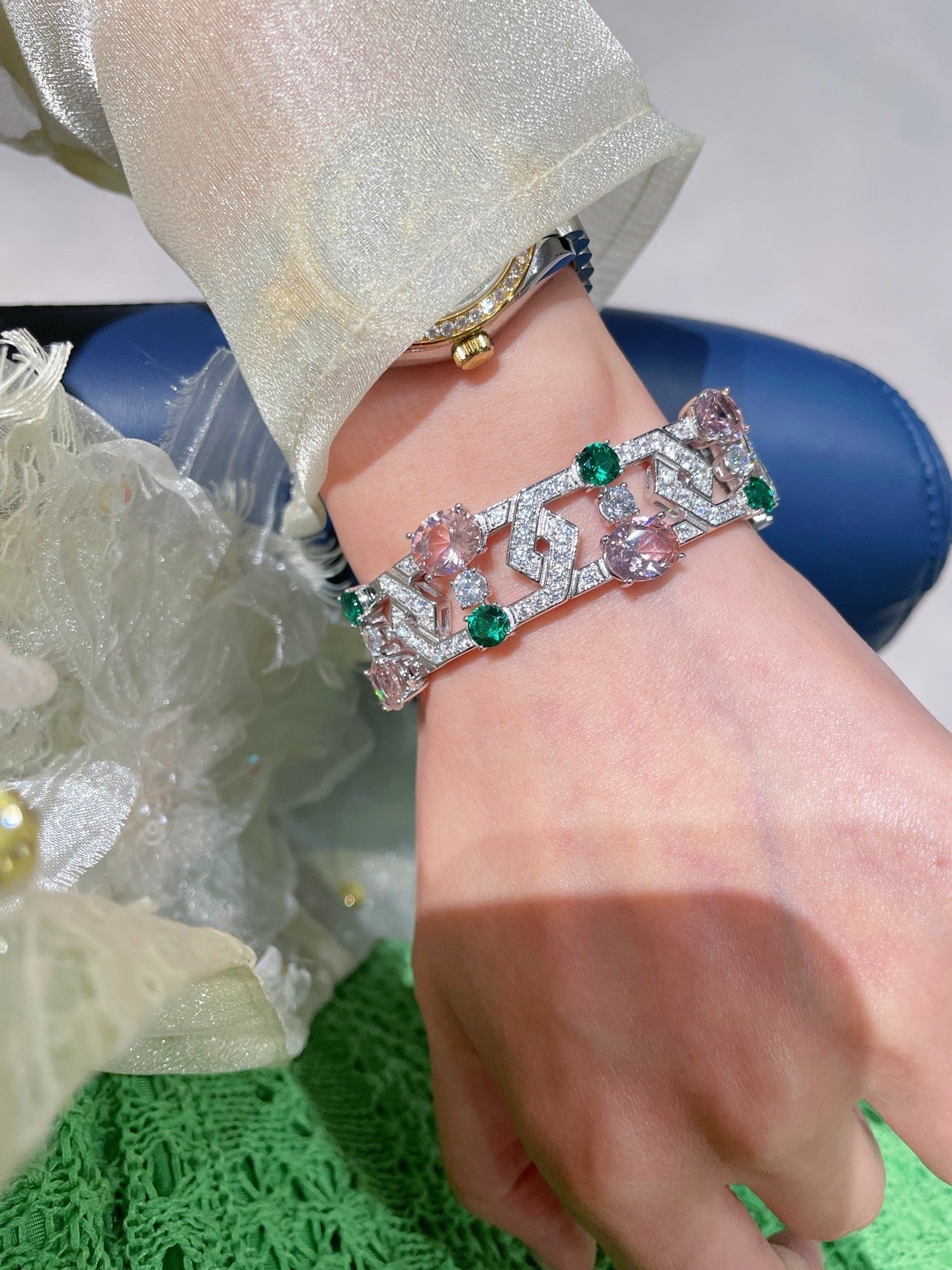 Garden Bloom Wide Cuff – Pink Diamond & Emerald Vermeil Edition - floysun