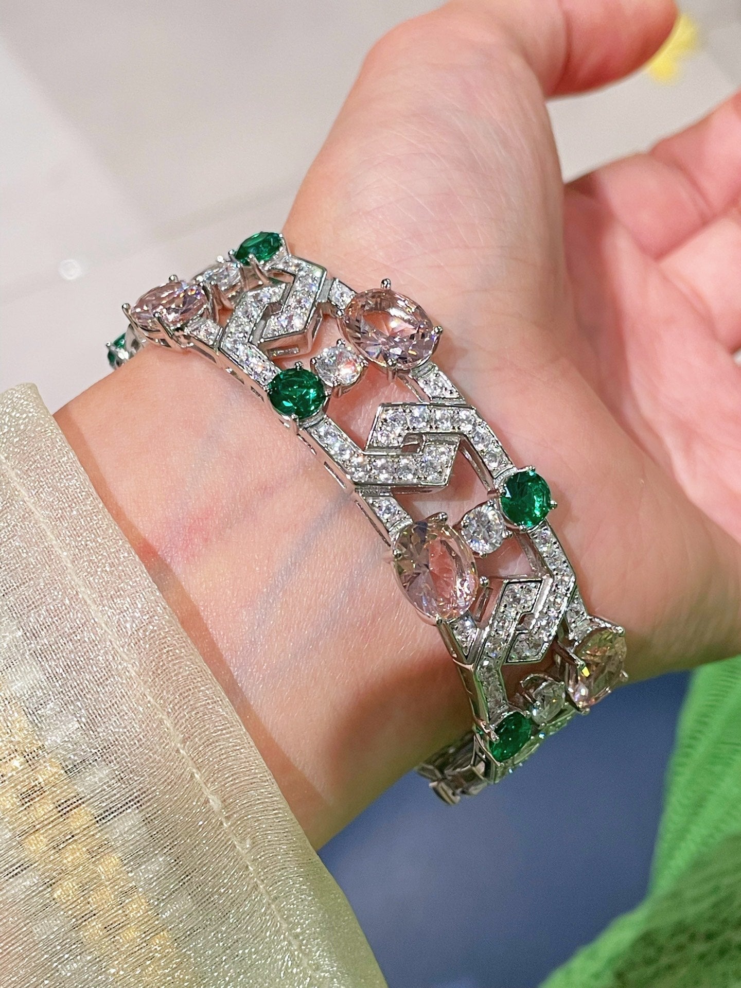 Garden Bloom Wide Cuff – Pink Diamond & Emerald Vermeil Edition - floysun