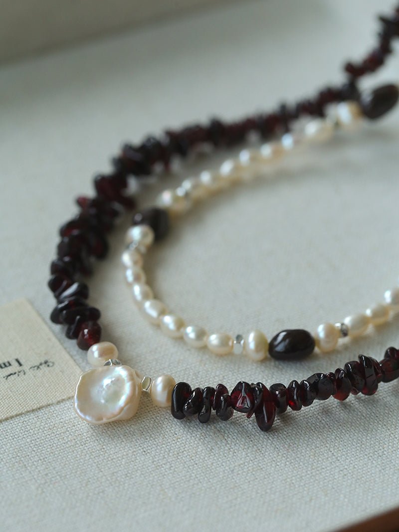 Garnet Strand Necklace with Petal Pearl – Crimson Bloom - floysun