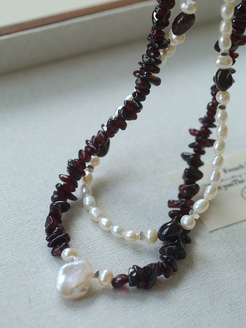 Garnet Strand Necklace with Petal Pearl – Crimson Bloom - floysun