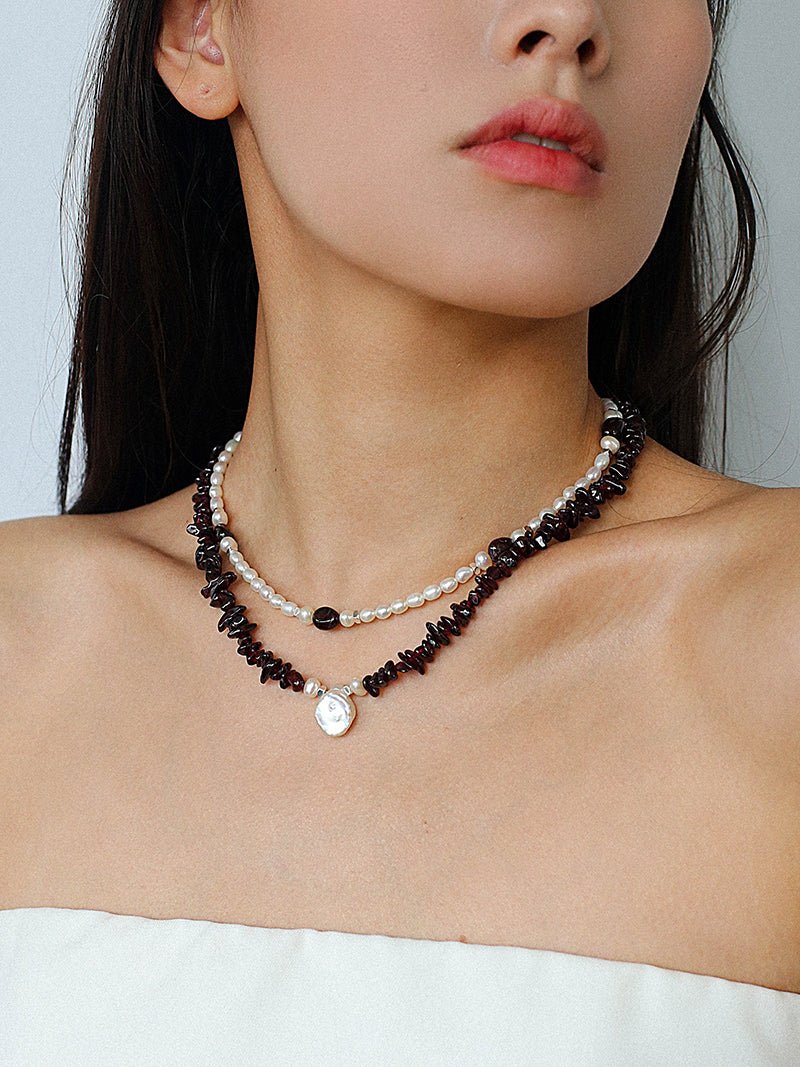 Garnet Strand Necklace with Petal Pearl – Crimson Bloom - floysun